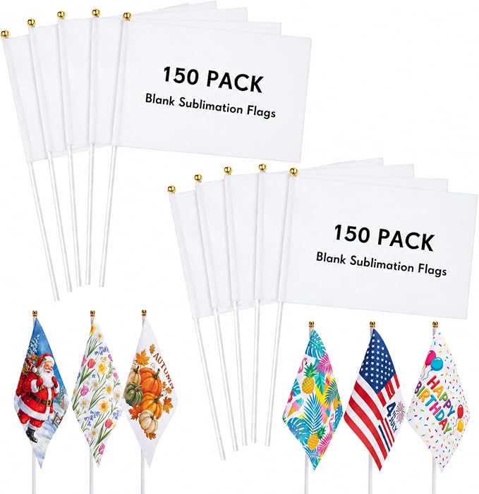 Remerry 150 Pcs Blank Sublimation Flags on Stick, Mini White DIY Flags