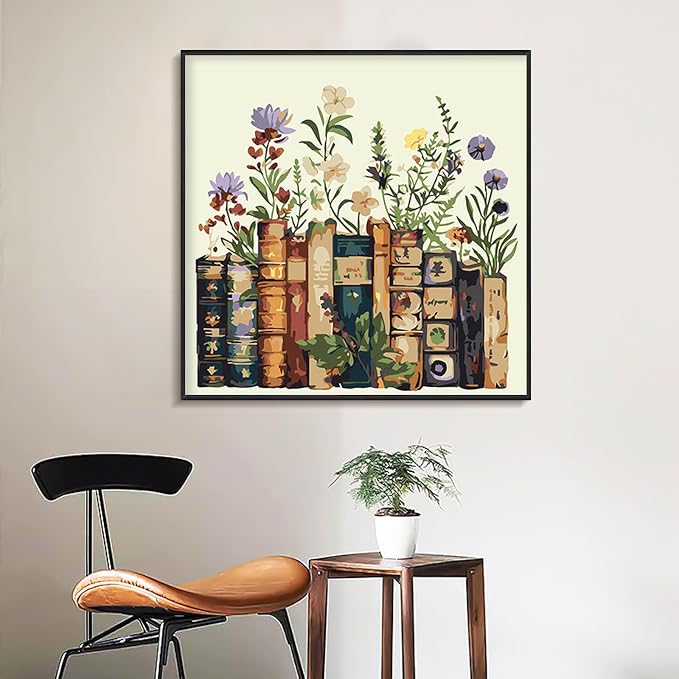Yezavesu Book Framed Paint by Numbers Kit for Adults Beginner | With Frame Canvas 12x12 Inch, DIY Acrylic Painting by Numbers Flowers, Stress Relief Craft Kits, Home Wall Decor Gift