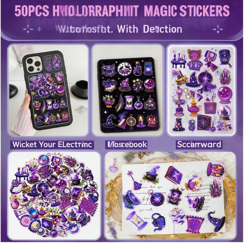 50 Pcs Magic Goth Stickers Waterproof Purple for Journals