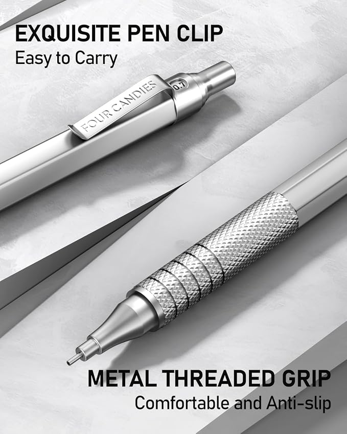 2PCS Metal Mechanical Pencil Set, 0.5mm+0.7mm, Storage Case, Black＆Silver