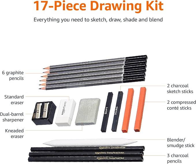 Amazon Basics Sketching and Drawing Art Pencil Kit, 17-Piece Set for Artists, Drawing Supplies with Pencils, Charcoal, Erasers, Sharpener for Shading, Black, White
