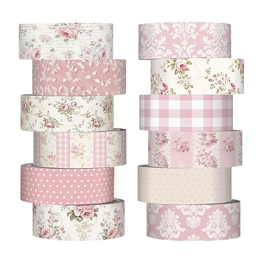 12 Rolls Floral Washi Tape Set,Light Pink,Polka Dots and Floral | Watercolor Flowers Design for Scrapbook Journal DIY Craft School Supplies, 15 mm Vintage Decorative Masking Washi Tapes