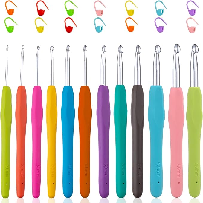 Vodiye 12 Sizes Crochet Hooks 2.0–8.0mm, Ergonomic Crochet Hook Set, Crochet Needles for Beginners, DIY Projects and Craft Lovers