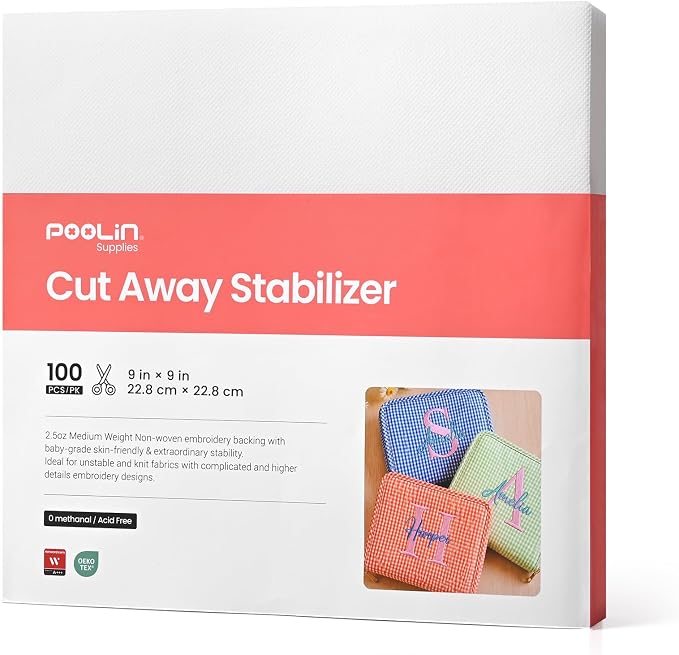 Poolin 2.5OZ Cut Away Stabilizer 9" x 9" 100 Sheets for 4x4 & 6x6 Hoops
