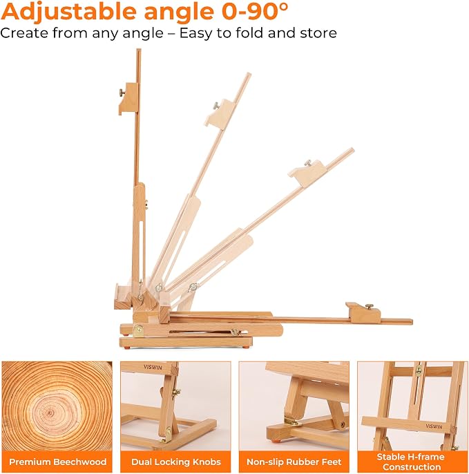 VISWIN 25" H-Frame Tabletop Easel for Painting, Adjustable Beech Wood Table Top Easel, Portable Art Easel for Adults, Artists, Beginners, Holds Canvas up to 15" – Natural (Pack of 2)