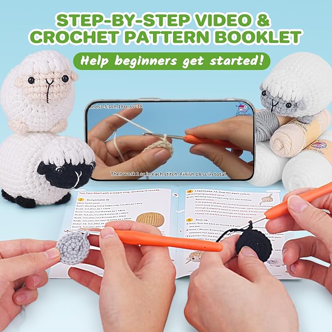 Crochet Kit for Beginners, Crochet Starter Kit with Step-by-Step Video Tutorials, Amigurumi Crochet DIY Knitting Supplies for Teenagers Adults, 3-Pack Little Lambs (40%+ Yarn)