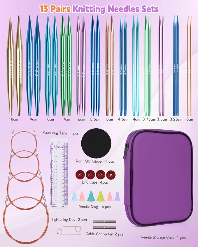 Aeelike 13 Pair Interchangeable Circular Knitting Needles 3-10 mm, Purple | Aluminum Interchangeable Knitting Needles with 4 Cables, Smooth Complete Needles Set for Socks Blankets Sweaters, Ideal Gift