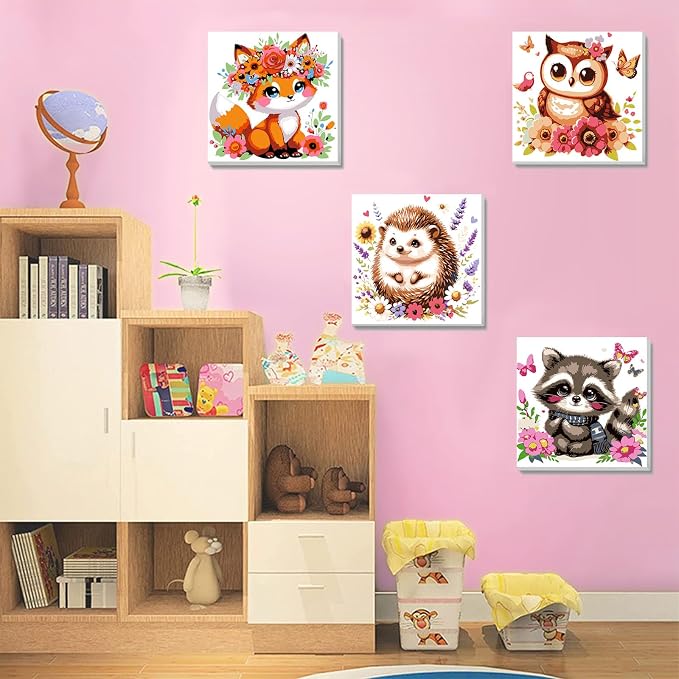 4 Pack Animal Paint by Number for Kids with Wooden Frame - Wooden Easel | Paint by Numbers for Kids Ages 4-8-12, Easy Owl Fox Hedgehog Raccoon DIY Oil Painting Kits for Home Wall Decor (8X8 inch)