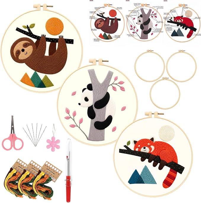 3 Packs Embroidery Kit for Adults, Embroidery for Beginners (Animal-2)