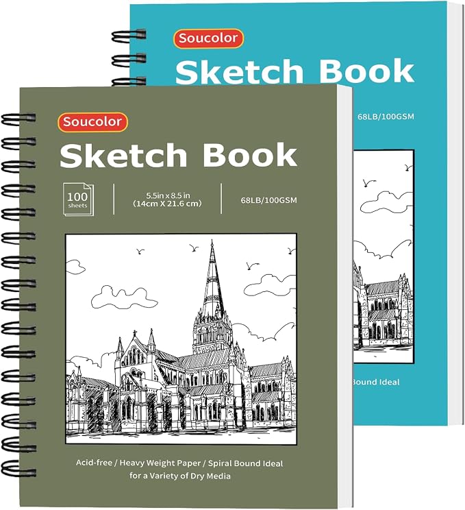 Soucolor Small Sketchbook 5.5" x 8.5", 2 Pack Mini White Sketch Book | Spiral-Bound Sketch Pads, 100 Sheets Acid-Free 68lb/100gsm Thick Drawing Paper for Kids Adults & Beginners Art Class Supplies