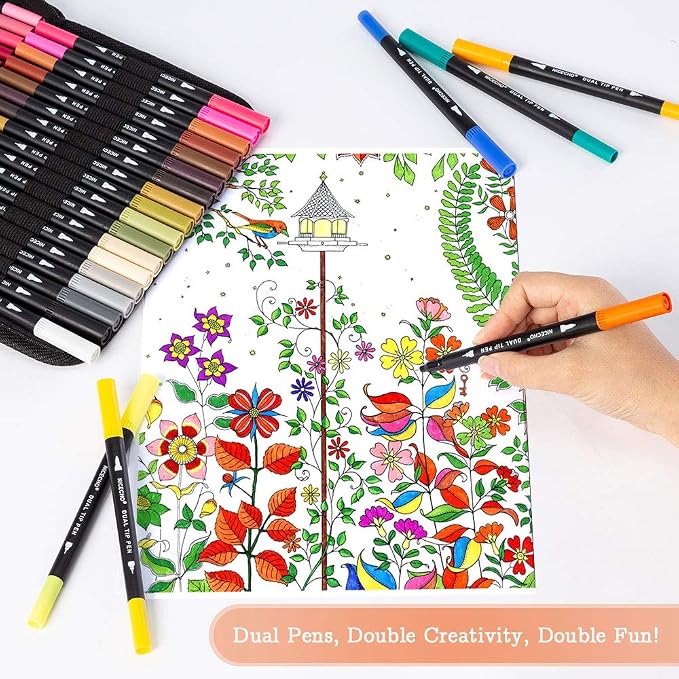 Dual Brush Art Marker Pens, 60 Colors Markers for Adult Coloring Books | No Bleeding Quick-Drying Pens, Fineliner & Brush Pen for Journaling, Calligraphy, Drawing, Sketching