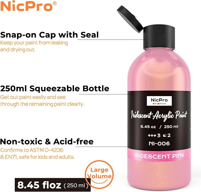Nicpro Iridescent Pink Acrylic Paint, 8.45oz Large Pink Metallic Paint | Color Shifting Glitter Craft Paint, Non-Toxic Art Painting Supplies, for Canvas Rocks Wood Glass Ceramic Fabric