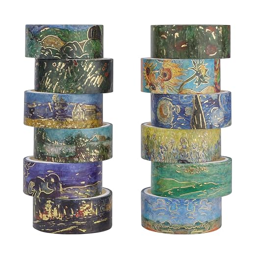 Lychii Washi Tape Set,12 Rolls 5M/16.4Ft Long Gold Foil Masking Tape,15mm