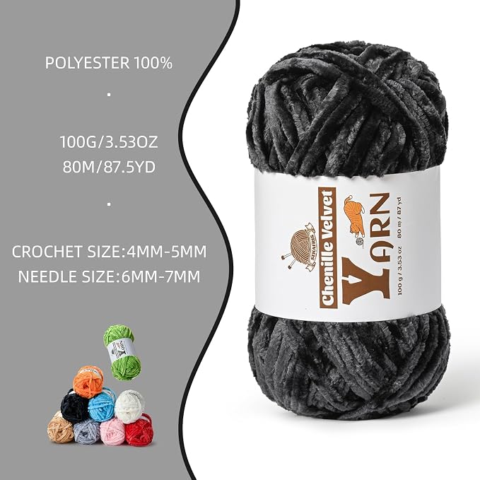 Chenille Crochet Carbon Grey Yarn 1 Pack
