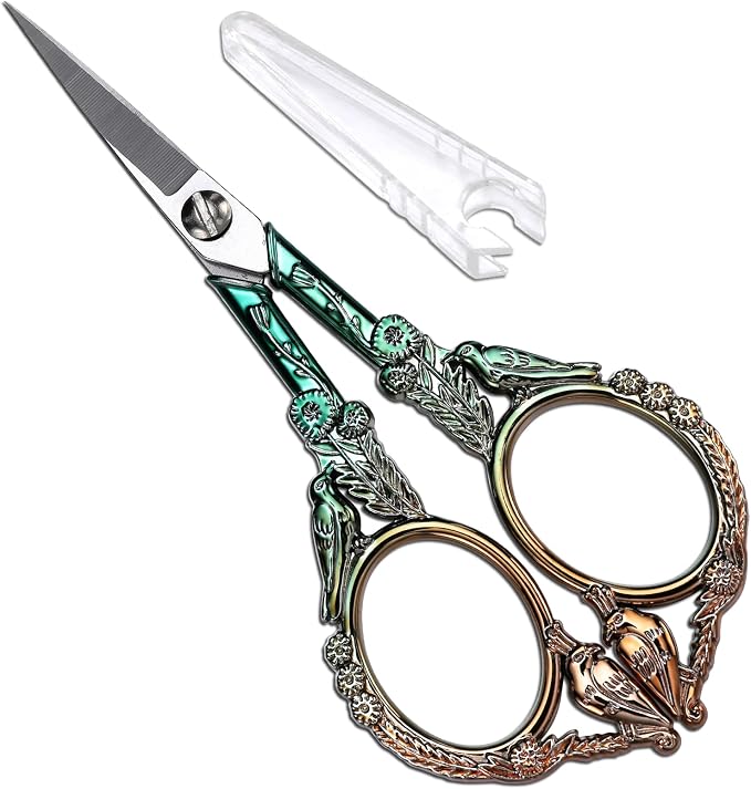 YOUGUOM Precision Embroidery Scissors, Sharp Sewing Scissors | Small, Pointed Tip, for DIY Craft, Cross Stitch, Needlework, Artwork, Knitting, Threading Tools, 4.6in, Green, Cute Bird
