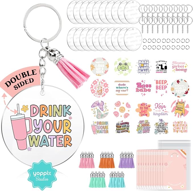YOPPIX 140 PCS Acrylic Keychain Blank Set, Funny Double-Sided UV DTF Stickers Acrylic Keychain Making Kits for Vinyl DIY Craft Project