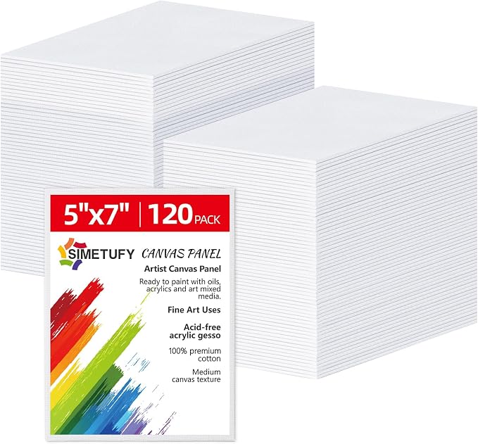 Simetufy 5x7inch 120 Pack Small Painting Canvas Boards- Gesso Primed | Acid-Free 100% Cotton Canvas Panels for Acrylics Oil Watercolor Tempera Paints