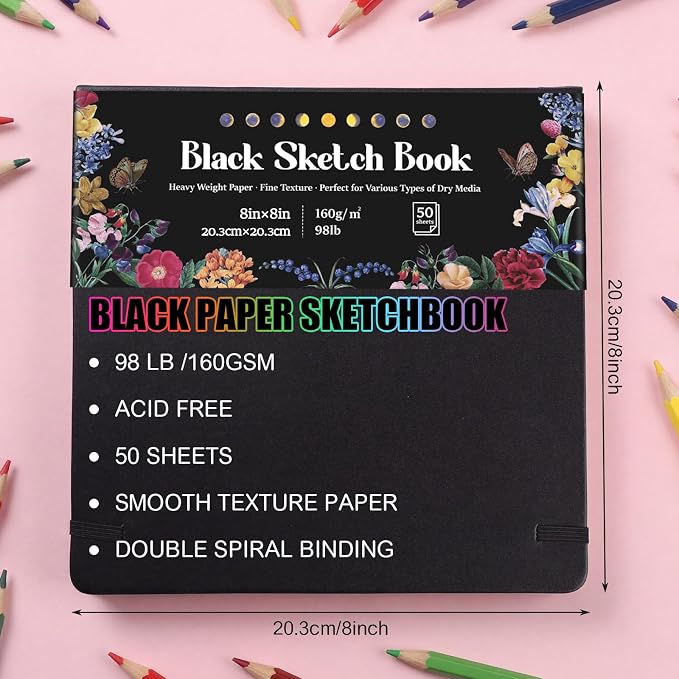 160gsm Black Paper Sketchbook 8 × 8 in, 50 Sheets Black Paper Notebook