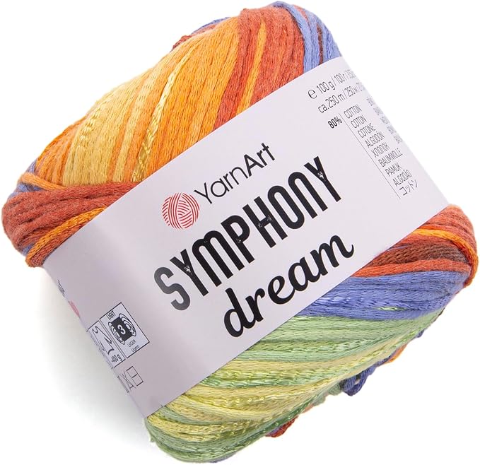 YarnArt Symphony Dream Cotton Yarn -%80 Cotton%20 Viscose Rainbow Multicolor Crochet Knitting Yarn - Suitable for All Blouses, Dresses, Shawls, Bags, Hats - 273 Yards, 3.52 Oz (1 Skein) (3103)