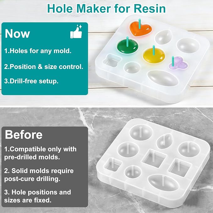 30PCS Hole Maker Resin Tool for Resin Mold, Drill-Free Silicone Resin Inserts, Resin Accessories for Epoxy Resin, 6 Sizes for Resin Jewelry Making & Keychain Crafts