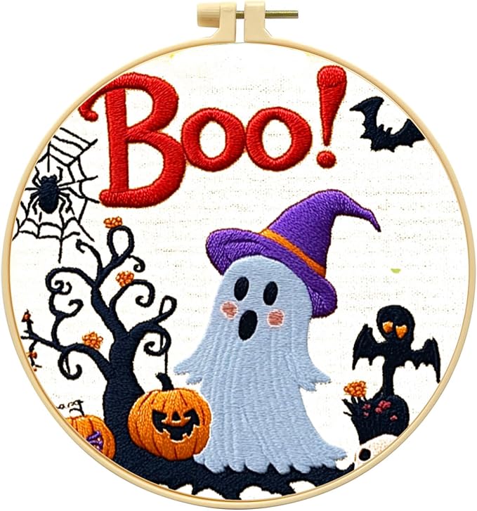 Zhenqing Halloween Ghost Embroidery Kit for Beginners, Cute Boo Needlework Kit with Pre-Printed Cotton Fabric, 20cm Hoop, Threads & Tools, Spooky DIY Wall Decor (C0117)