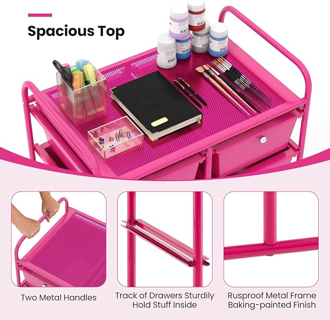 Giantex 10 Drawers Rolling Cart, Classroom Organizers, Storage Cart with Wheels, for Teacher Office Home School Supplies Tool Craft Art Paper, Hot Pink