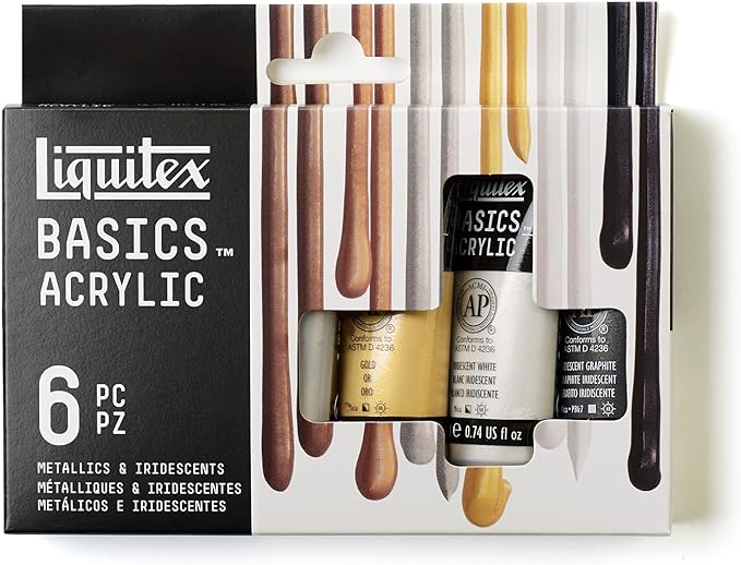 Liquitex BASICS Acrylic Paint Set, 6 x 22ml (0.74-oz) Tubes, Metallics | Medium Viscosity, Satin Finish, Lightfast, Fine Art Pigments, Range of Opacities, Easy Blending