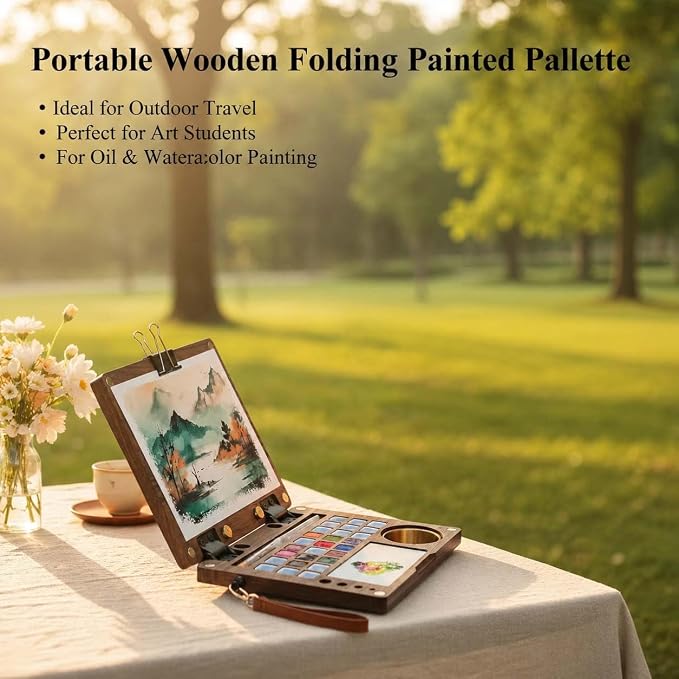 27 Wells Solid Wood Travel Watercolor Palette Box, Black Walnut | Empty Paint Box with Brush Cleaning Cup, Metal Clips and Hand Carry Strap for Outdoor Watercolor Easel