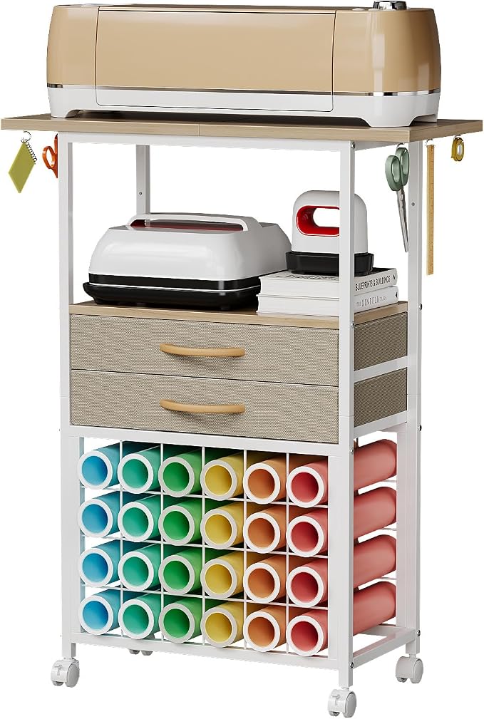 VENNQD Organizer and Storage Stand Compatible with Cricut Machines,Rolling Storage Cart/Shelf with 24 Vinyl Roll Holders，2 Fabric Drawer,Accessories Holder,Tool Hook for Craft Room Home (White Maple)