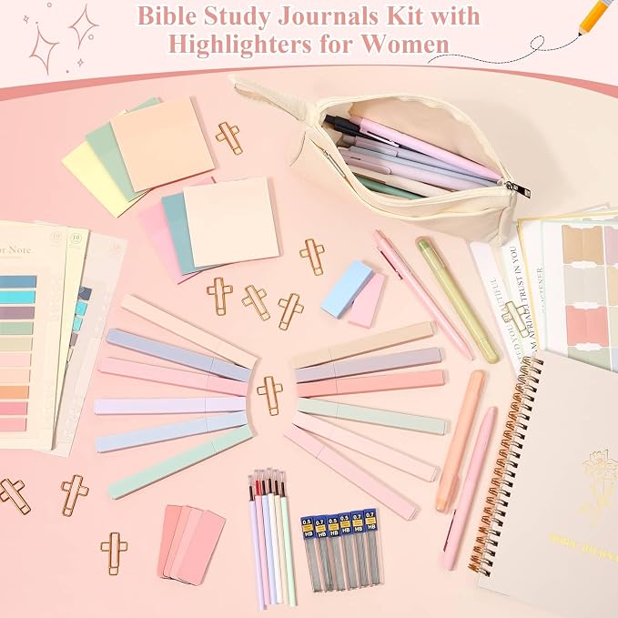 79 Pack Bible Study Supplies Journaling Kit for Women, Prayer Journal Note Taking Annotation Kit, Bible Tabs and Highlighters Set with Pencil Case and More Bible Study Tools