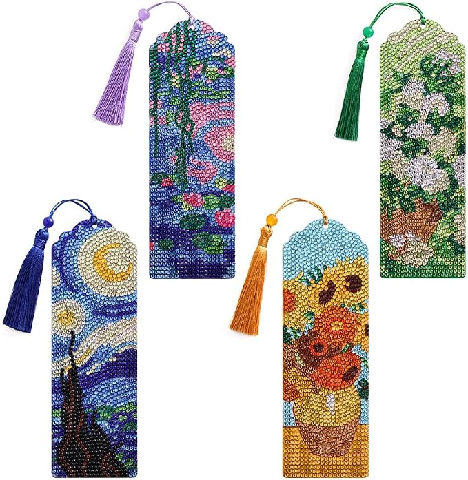 icceemee 4 pcs Oil Painting Themes Diamond Painting Bookmarks, DIY Diamond Art Kits for Adults, Book Corner - Protecting Bookmark Craft Supplies Kits for Book Lovers