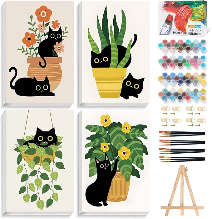 4 Pack Paint by Numbers Kit for Adults with Frame, Black Cat & Green Plant | DIY Acrylic Painting Kit with Wooden Easel, Framed Paint by Number for Beginners, Home Wall Decor & Gift, 8 x 12 Inch