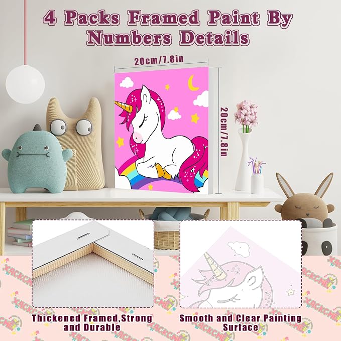 4 Pack Cartoon Paint by Number for Kids with Wooden Frame - Wooden Easel | Paint by Numbers for Kids Ages 4-8-12, Easy Painting with Numbers DIY Oil Painting Kits for Home Wall Decor (8X8 inch)