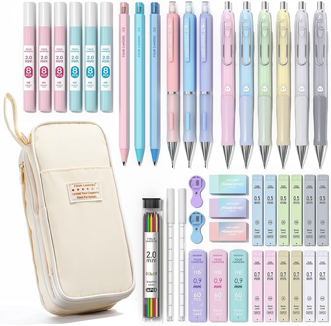 Four Candies 42PCS Mechanical Pencil Set with 696 Lead Refills (Cream)