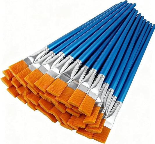 1 Inch Flat Paint Brushes for Acrylic Painting, 50 Pcs Synthetic Nylon Hair Paint Brushes Bulk with Wooden Handle for Acrylic Watercolor Oil Detail Painting (Blue, 50 Pcs)
