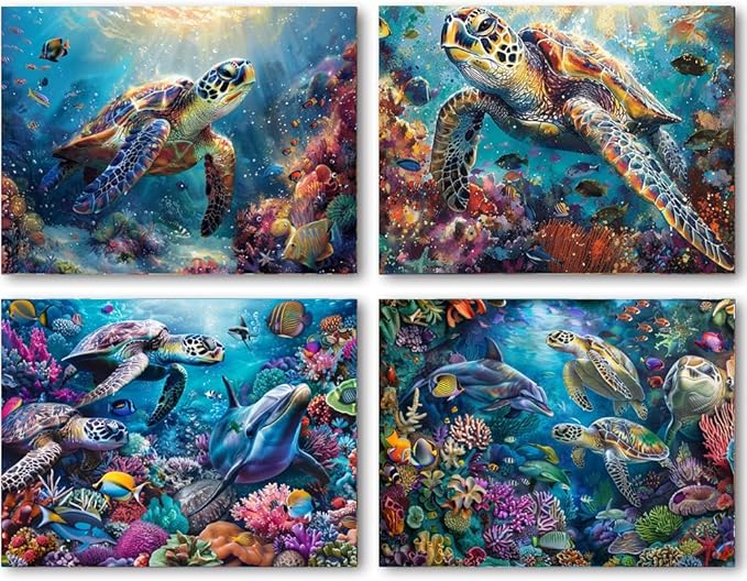 DOTSOPS 4 Pcs Marine Animal Diamond Painting Kits Art Adults Painting Kit | Crafts DIY 5D Diamond Art Packs Kits for Adults,Round Full Drill for Beginner,Home Wall Decoration Gift 11.8 x 15.7 Inches