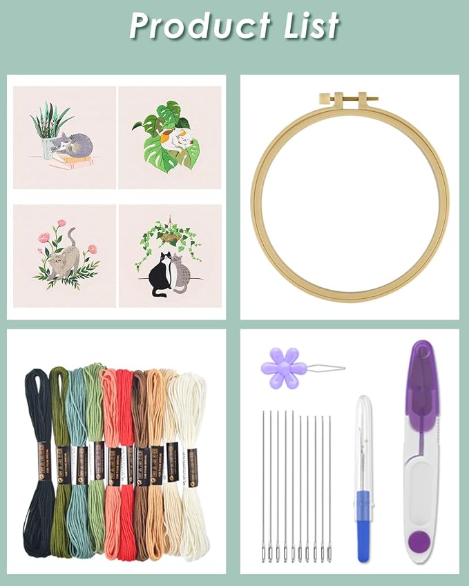 ERKOON 4 Sets Embroidery Kit for Beginners,Hummingbird and Flower Cross Stitch Set for Include Embroidery Cloth Hoops Threads for Craft Lover Hand Stitch (Cat)