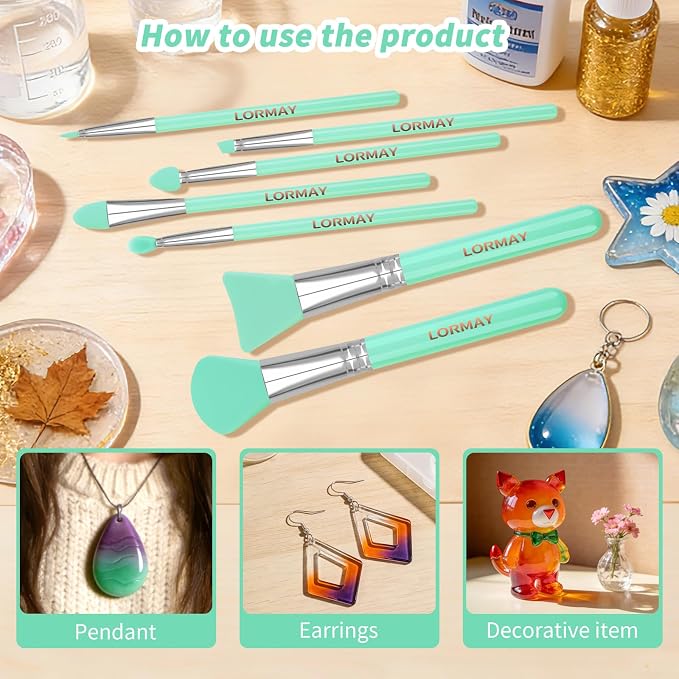 LORMAY 7-Piece Silicone Brush Set for UV Resin Crafts and Makeup, Green | Easy Clean for DIY Epoxy Art and Makeup, Soft Reusable Tools, Gentle Applicator Suitable for All Skin Types