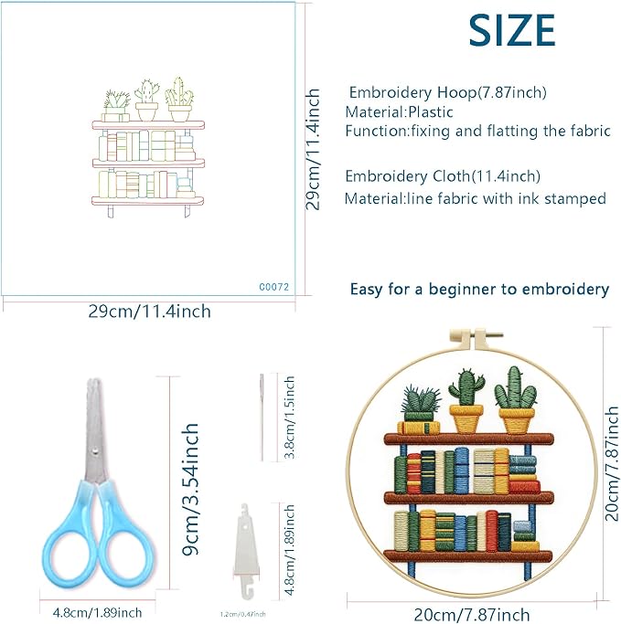 Zhenqing Book Lover Embroidery Kit for Beginners, Bookshelf & Cactus Needlework Craft with Pre-Printed Cotton Fabric, Hoop, Threads & Tools, Reading Nook Decor (C0072)