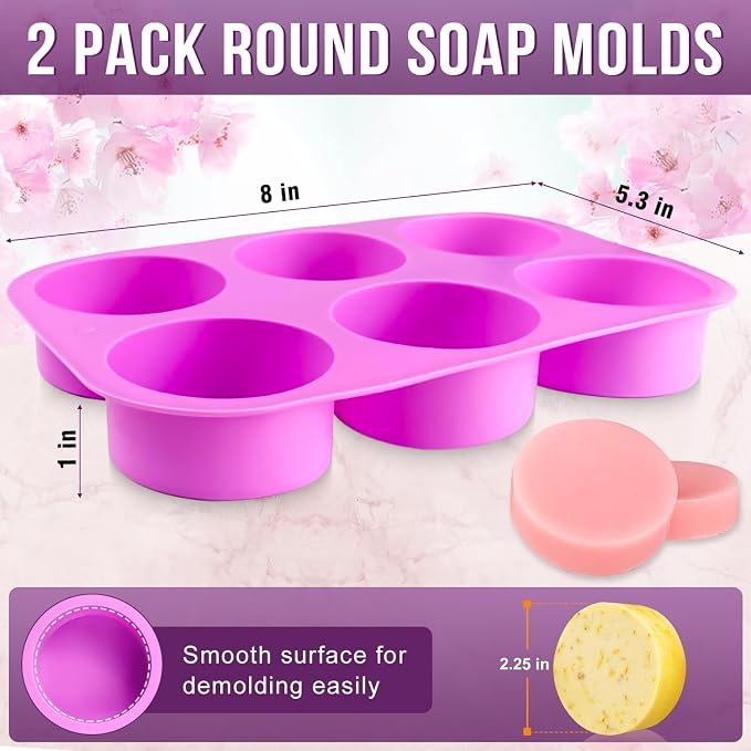 Walfos Round Silicone Soap Molds,Silicone Soap Molds,BPA Free and Non-Stick Circular Soap Mold,Perfect for Soap,Candles,Cookies,Cakes,Candy,Pudding,Jello.Set of 2 (Purple)