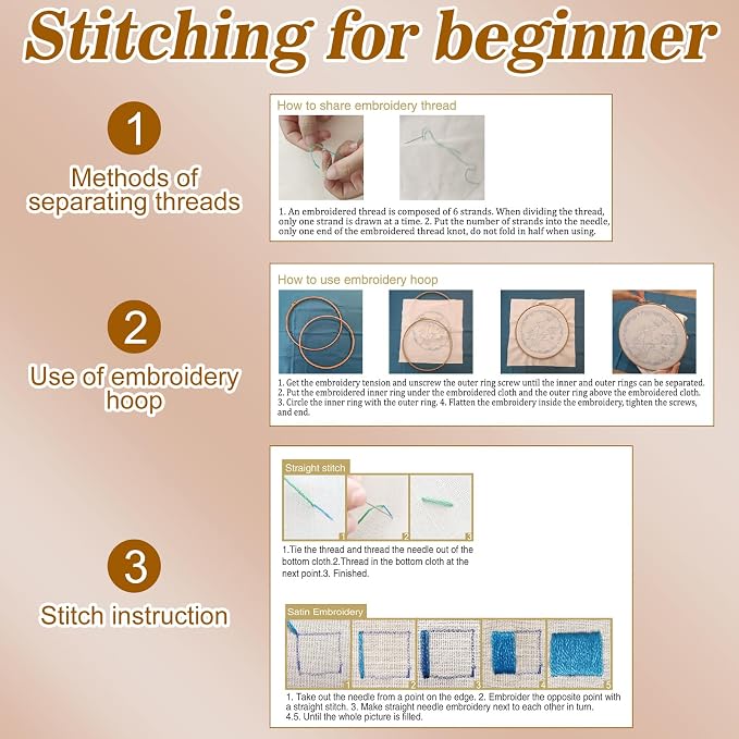 Mindsoft 3 Set Needlepoint Kit for Beginners with Hoop,Autumn Possum | Bamboo Hoop Thread Needles Instructions, Easy Hand Embroidery for Beginners Home Crafts,Pre-stamped Funny Cute Designs