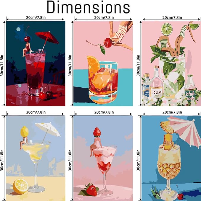 6 Pack Cocktail Framed Paint by Numbers Kits for Adults Beginners, Cocktail Adults Paint by Number Kits on Canvas with Wooden Easel, DIY Acrylic Oil Painting Kits for Home Wall Decor (8x12 inch)