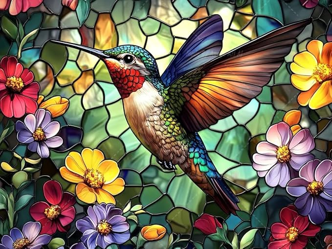 PINFFSHU Hummingbird Diamond Art Paintings Flowers 5D Diamond Painting Kits for Adults DIY Stained Glass Diamond Art Kits Full Drill Gem Art Crafts for Adults Bird Wall Art Decor Gift 16x12 Inch