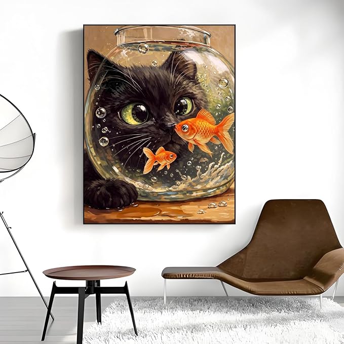 Cat Goldfish Paint by Numbers Kit for Adults Framed Canvas, Frameworkless | Easy Adult Paint by Number Kits on Canvas DIY Cat Goldfish Painting for Beginners Art by Numbers for Home Wall Decor 12X16 in
