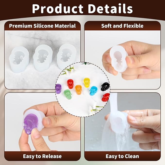 8 Pcs Skull Silicone Molds, 3D Skull Resin Molds with Key Ring Accessory, Halloween Skeleton Head Candle Mold for DIY Keychain, Bracelet, Pendant, Halloween Decor