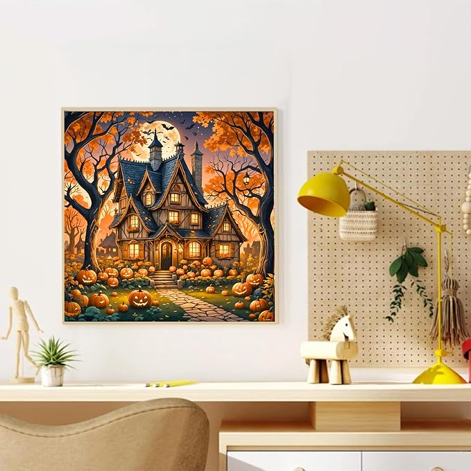 YarnWhimsy Halloween House Paint by Numbers Kit for Adults 16x16 inch