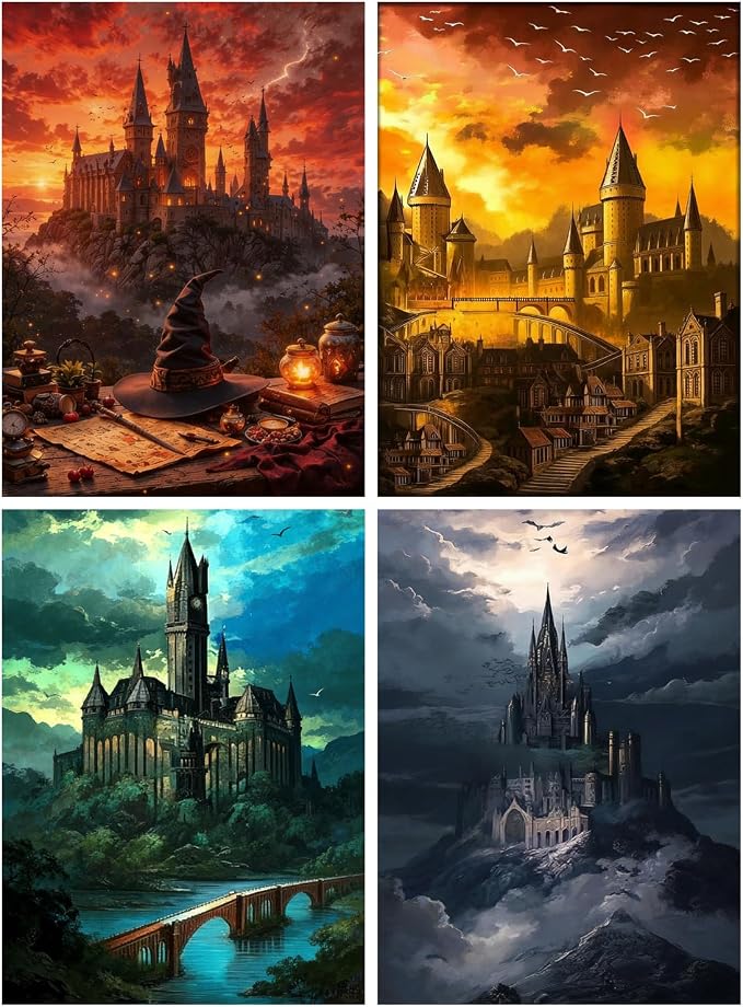 4 Pack Castle Paint by Numbers Kit for Adults Framed Canvas Frameworkless | Easy Adult Paint by Number Kits on Canvas DIY 4 Pack Castle Painting for Beginners Art by Numbers for Home Wall Decor Gift