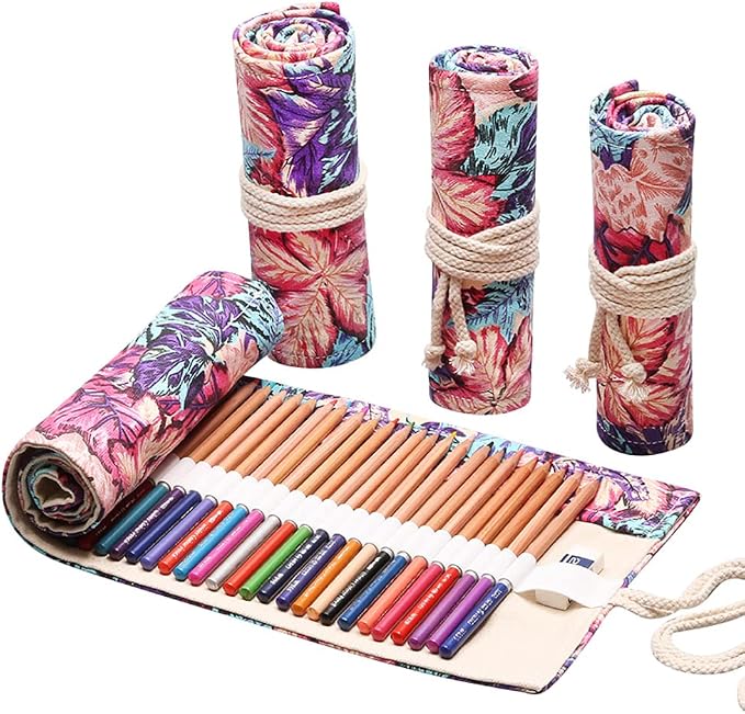 DIYOMR 24/36/72 Slots Pencil Wrap Pencil Rolls, Artist Colored Pencils Roll Up Bag Short Brushes Pouch Case Pencils Organizer for Drawing Coloring and Sketching,No Pencils (Maple Leaves, 24slots)
