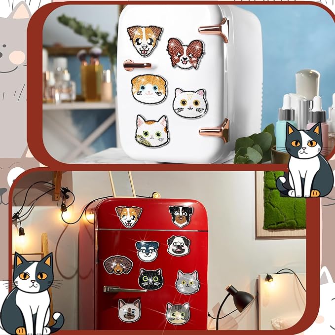 Remuuly 30 Pcs Cat and Dog Diamond Painting Magnets Diamond Art Magnets Kit | Diamond Art Kits for Adult, Refrigerator Magnet, 5D Rhinestone Fridge Magnetic Sticker, Diamond Club Gift, Beginner DIY Craft