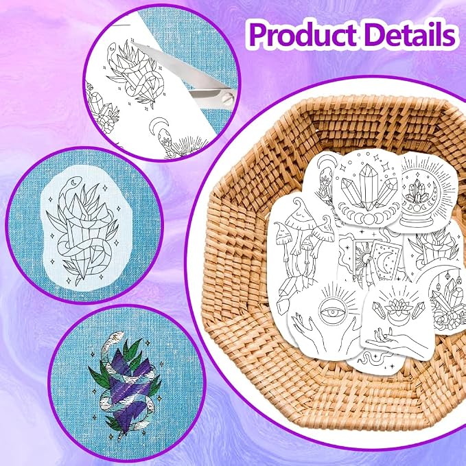 ORIGACH 4 Sheets Magic and Witchcraft Theme Water Soluble Embroidery Patterns Stabilizers - Pre-Printed Sun Moon & Evil Eye Designs - Stick & Stitch Embroidery Paper for Hand Sewing Lovers
